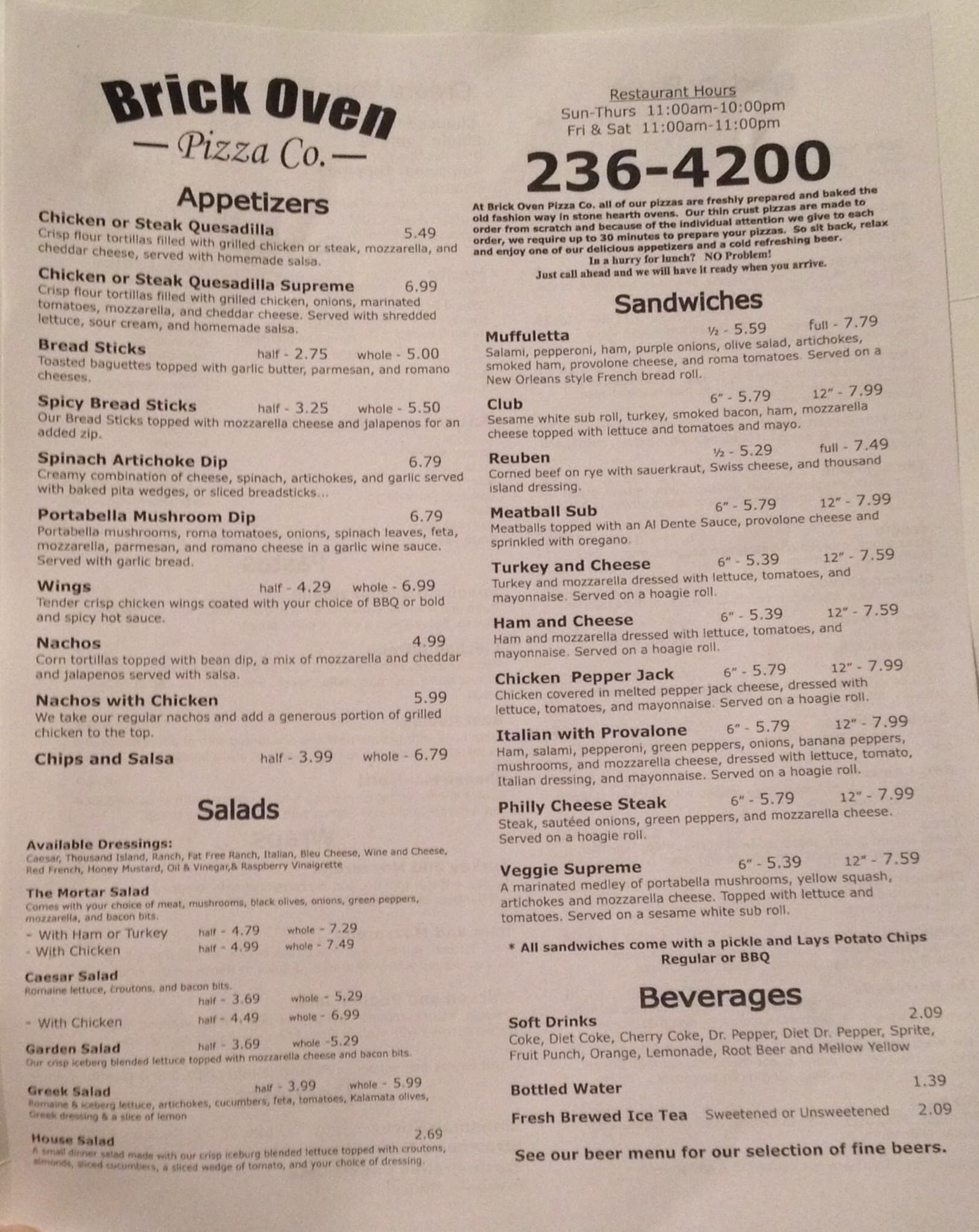 Menu At Brick Oven Pizza Co Restaurant Paragould