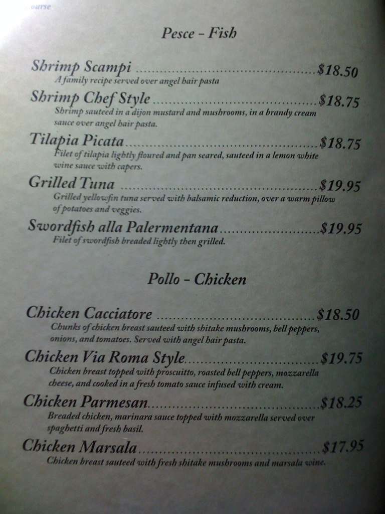 Menu at Via Roma steakhouse, Hot Springs