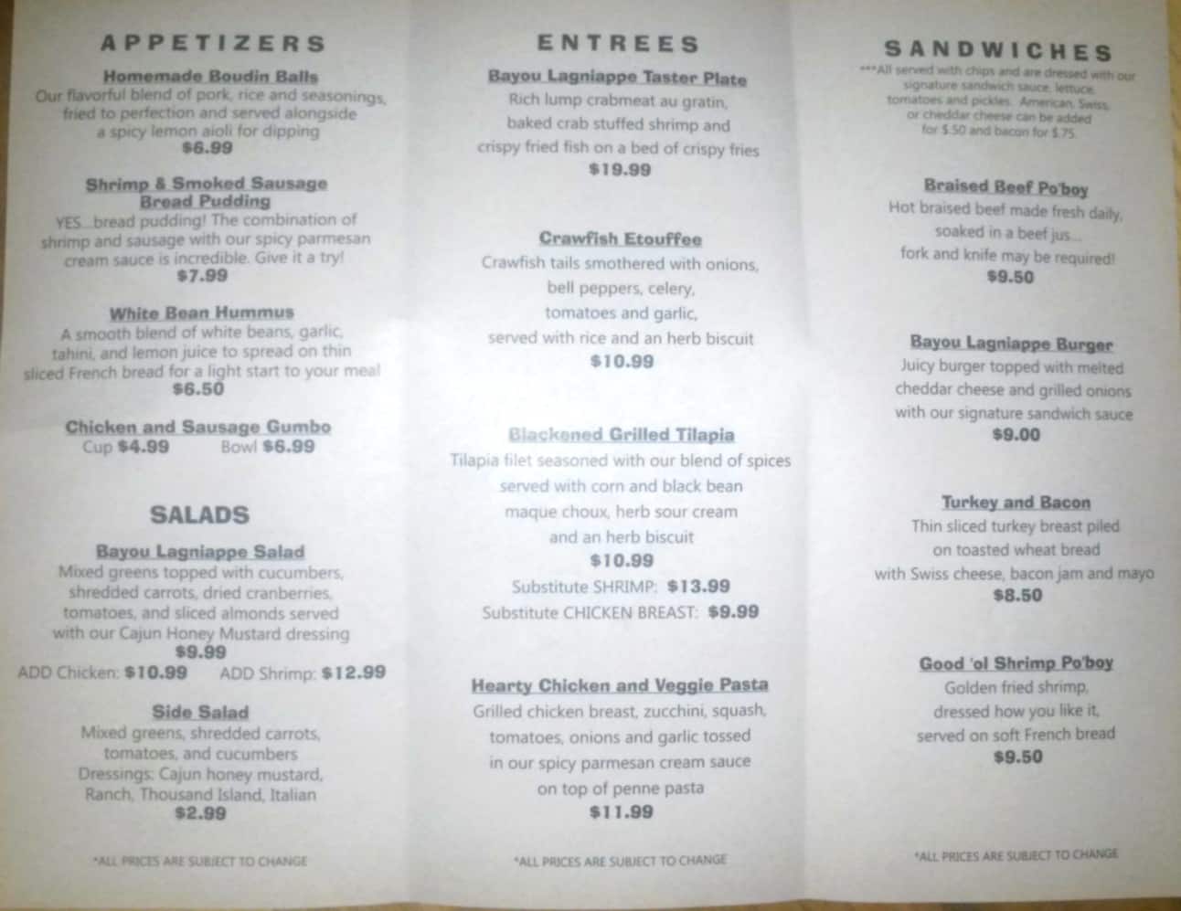 Bayou Lagniappe Menu, Menu for Bayou Lagniappe, Berwick, Houma