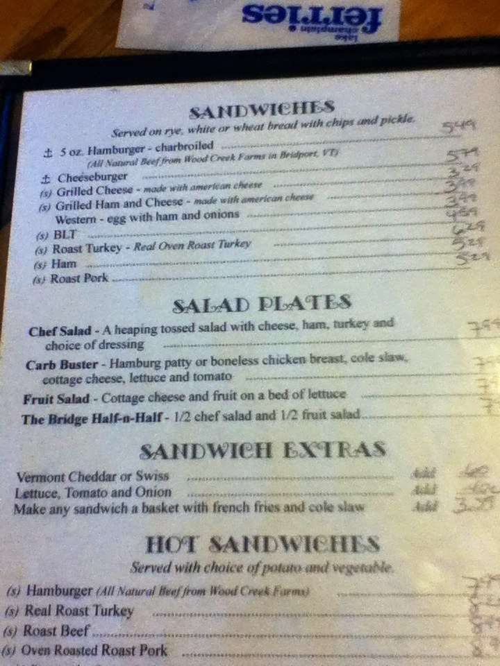 The Bridge Restaurant menu, Menu restauracji The Bridge Restaurant