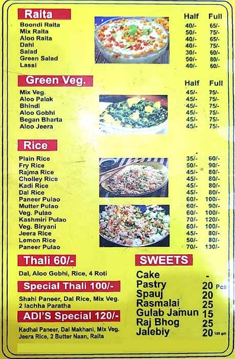 Adi's Restaurant menu
