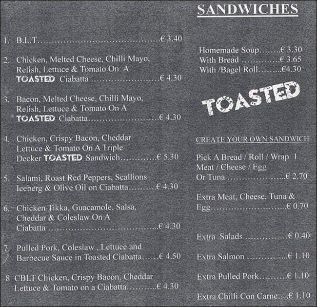 Menu at TOASTED cafe, Dublin