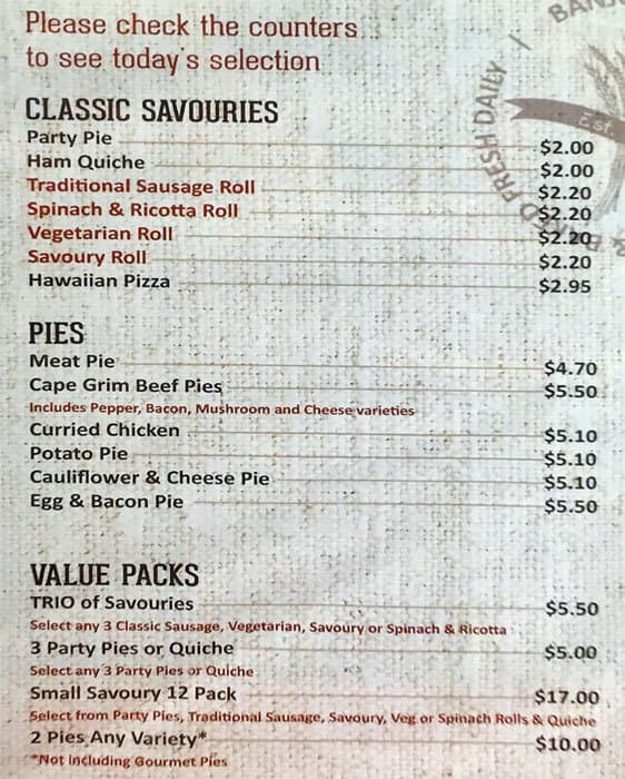 Banjo's Bakery Cafe Menu, Menu for Banjo's Bakery Cafe, Mornington