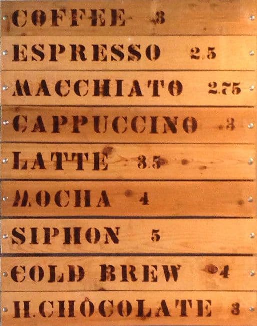Menu at Flywheel Coffee Roasters cafe, San Francisco