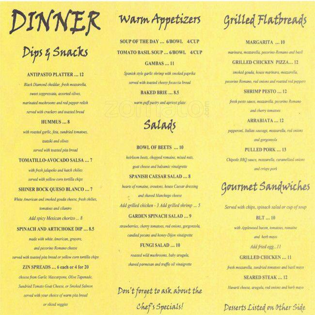 Menu at Zin Zen Wine Bistro pub & bar, McKinney, Virginia Pkwy 104