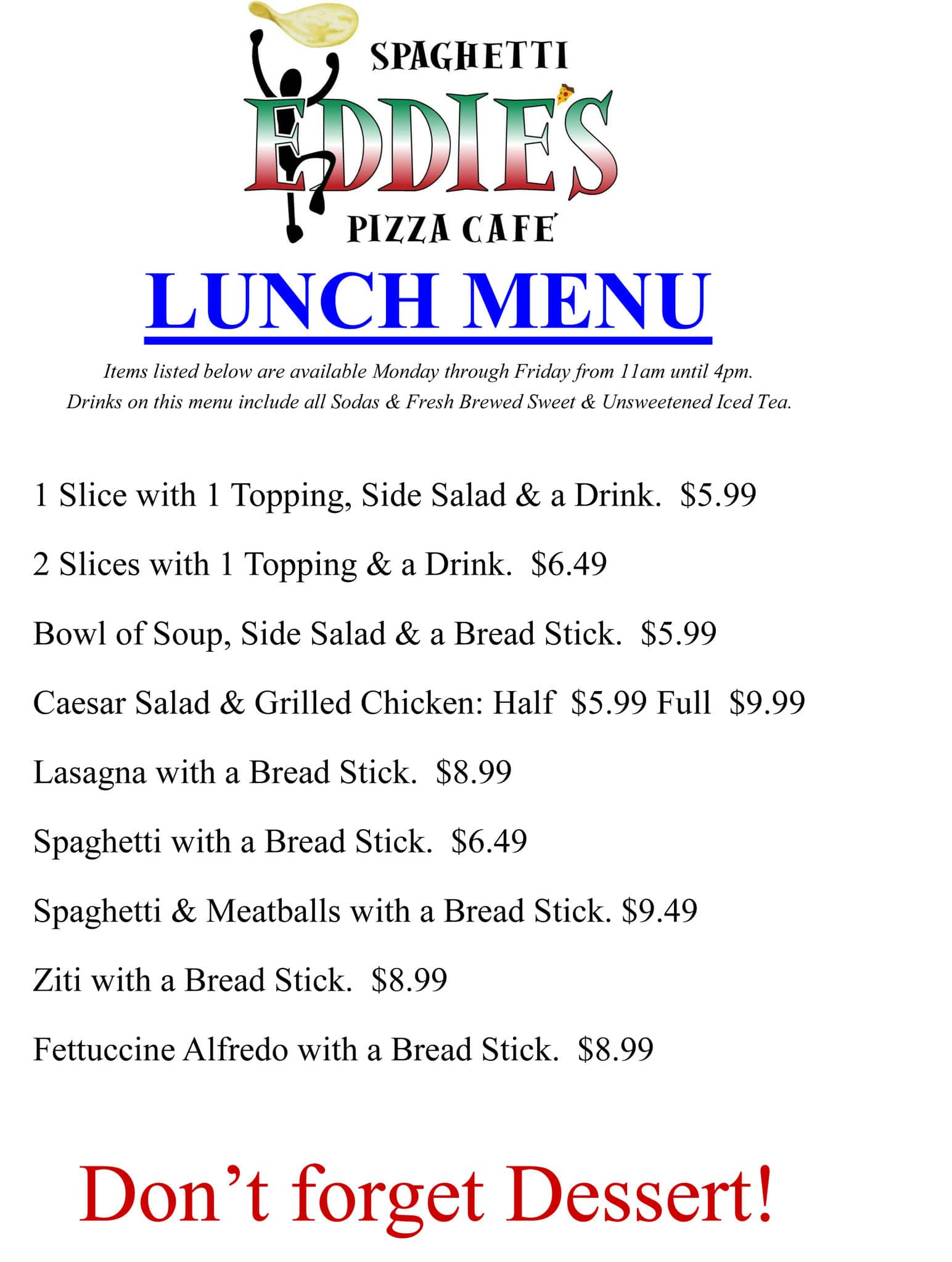 Menu at Spaghetti Eddie's Pizza Cafe', Chesapeake, 733 Eden Way N #400