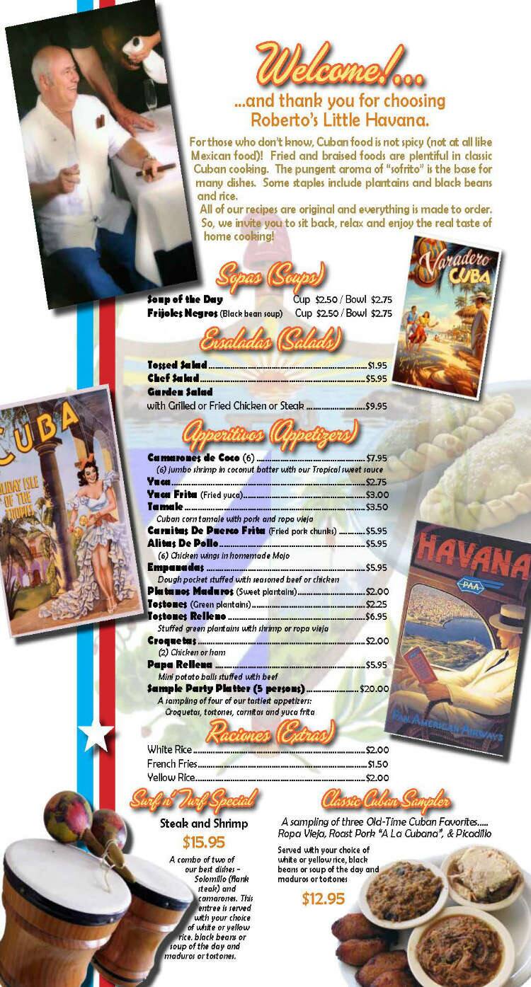 Menu at Roberto's Little Havana restaurant, Cocoa Beach