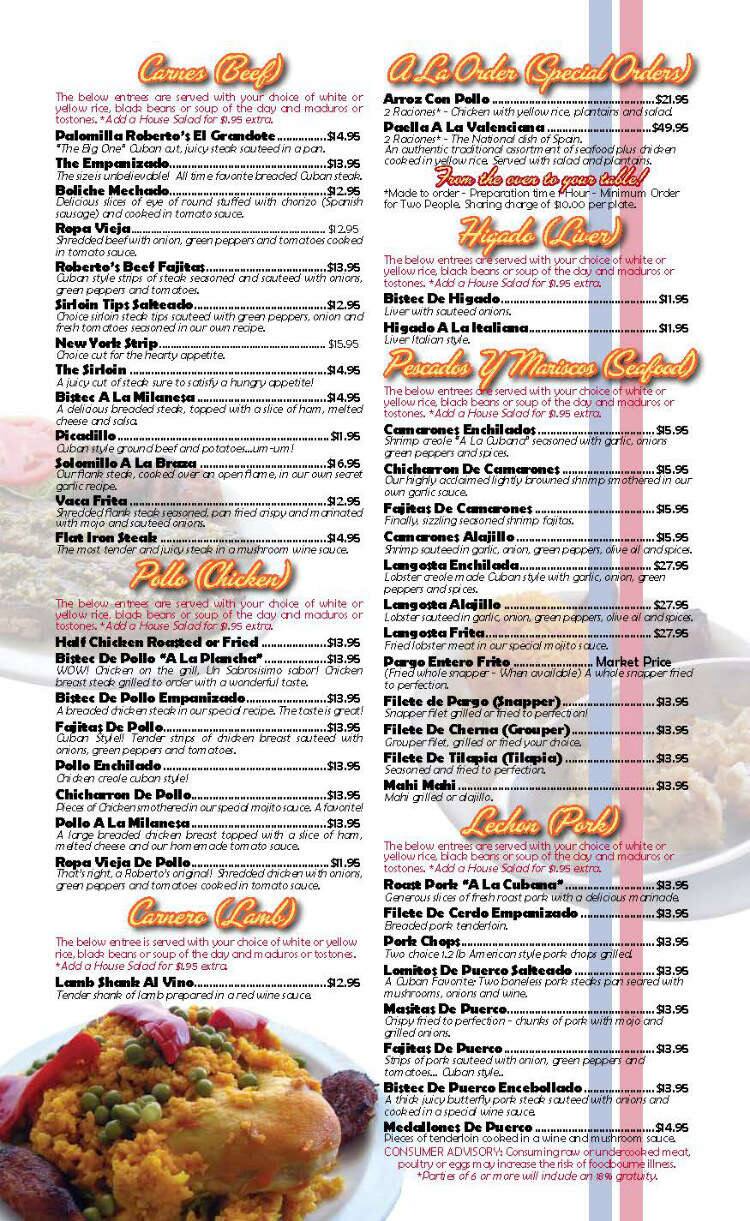 Menu at Roberto's Little Havana restaurant, Cocoa Beach