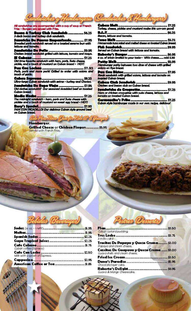 Menu at Roberto's Little Havana restaurant, Cocoa Beach