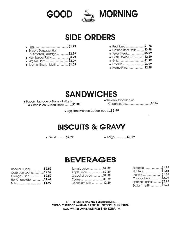 Menu at Roberto's Little Havana restaurant, Cocoa Beach