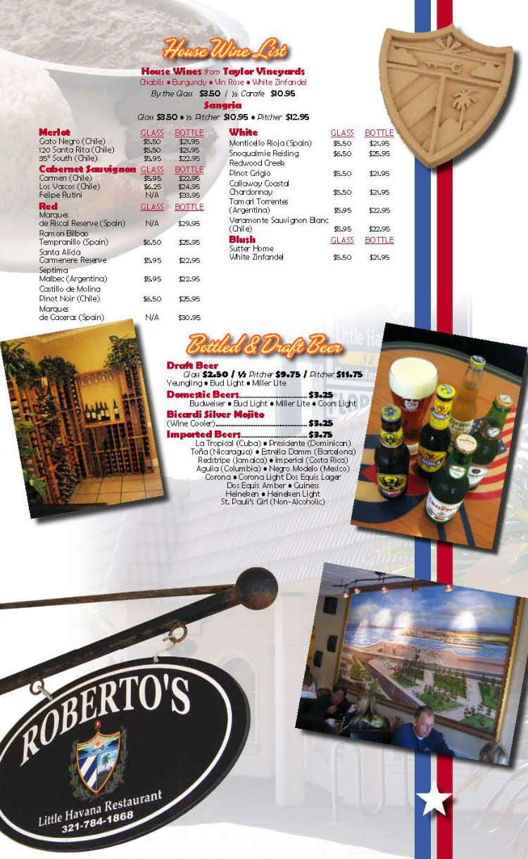 Menu at Roberto's Little Havana restaurant, Cocoa Beach
