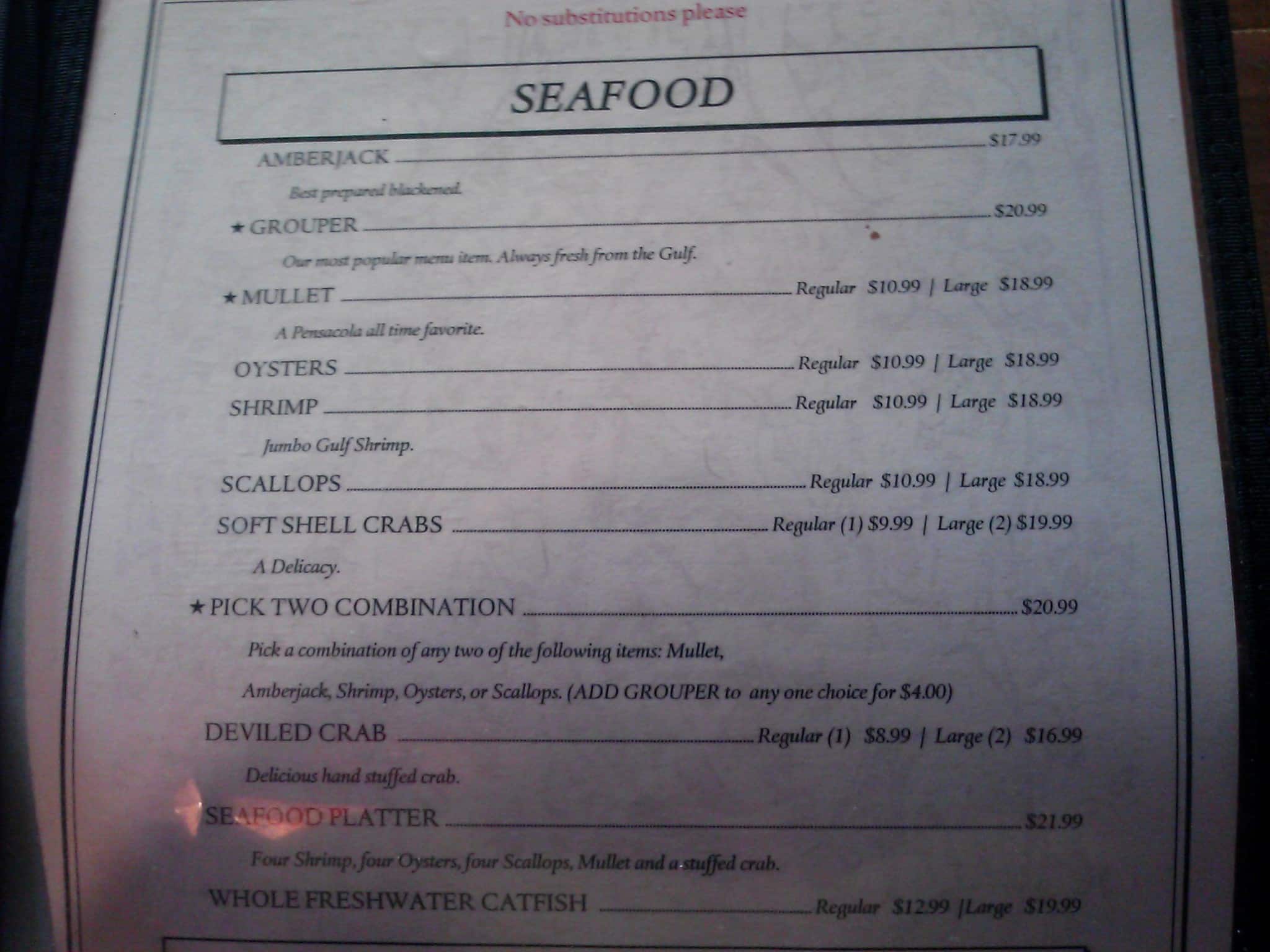 Menu at Sam's Seafood & Steaks pub & bar, Pensacola