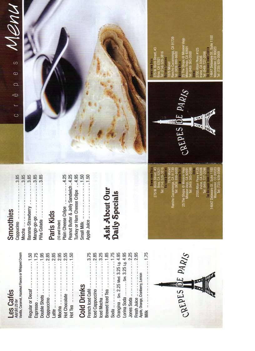 Crepes de Paris Menu, Menu for Crepes de Paris, Rancho Cucamonga
