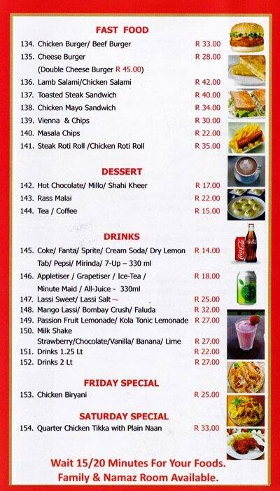 Menu at Bismillah Restaurant-Laudium, Pretoria