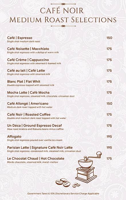 Menu of Cafe Noir Kalyan Nagar Bangalore