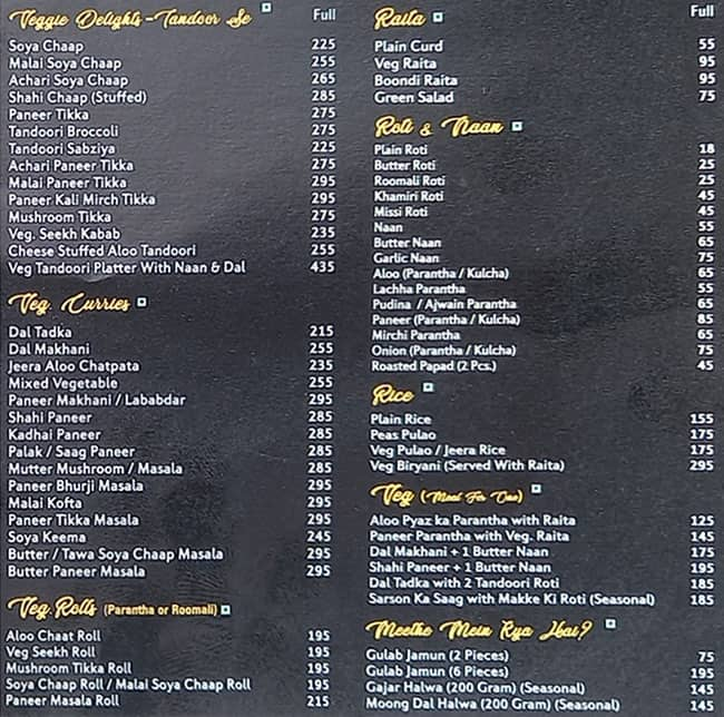 Menu Of Beliram Degchiwala, East Of Kailash, New Delhi