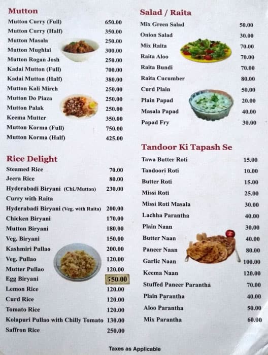 Menu at Raj Darbar Restaurant, Agra