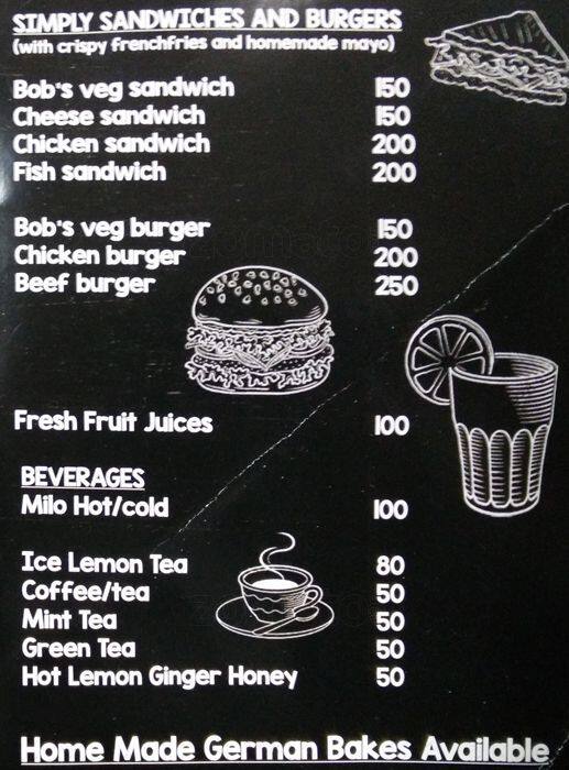 Menu at Bob's Cafe, Chennai
