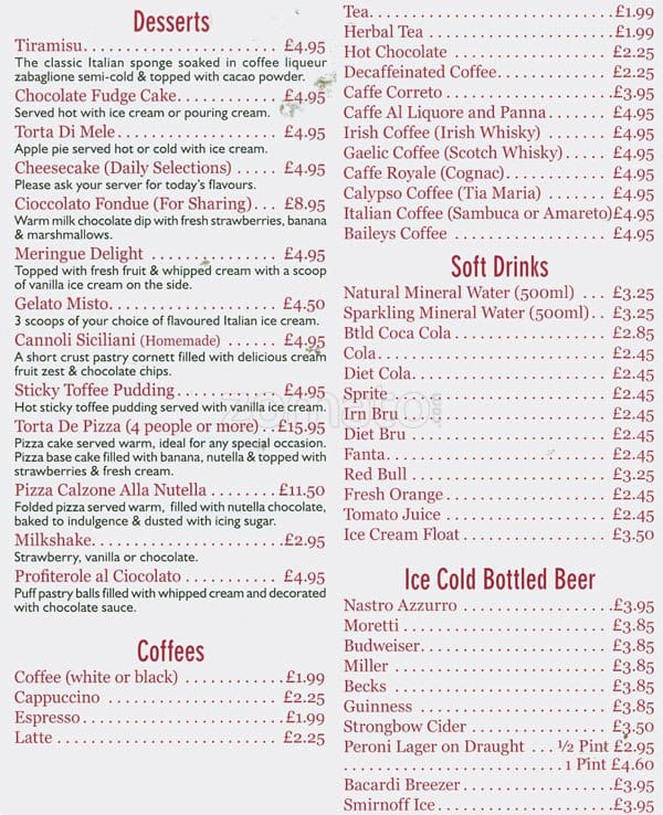 Menu at Amore pizzeria, Glasgow, 30 Ingram St