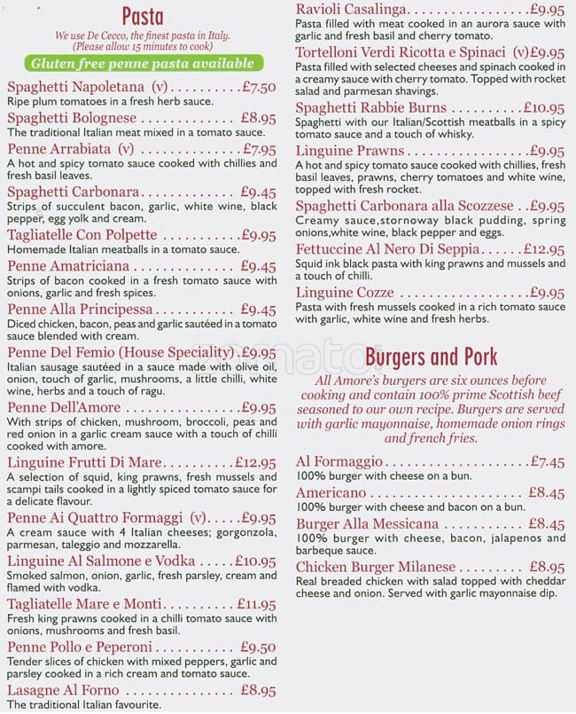 Menu at Amore pizzeria, Glasgow, 30 Ingram St