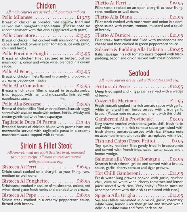 Menu at Amore pizzeria, Glasgow, 30 Ingram St