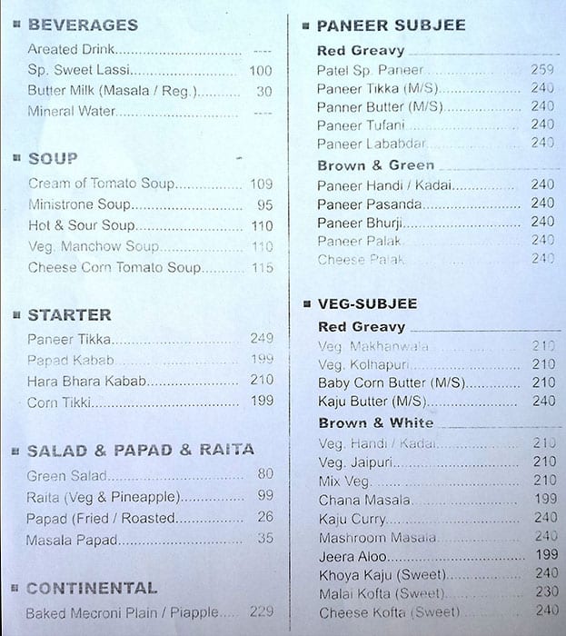 Patel Restaurant menu