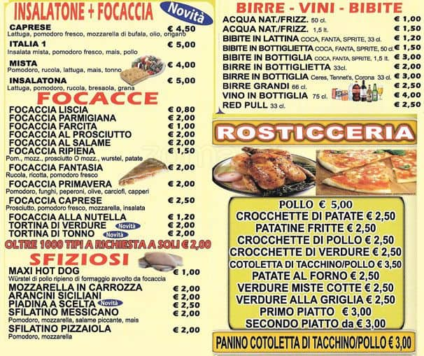 Menu at Pizzeria Italia, Milan, Via Campania