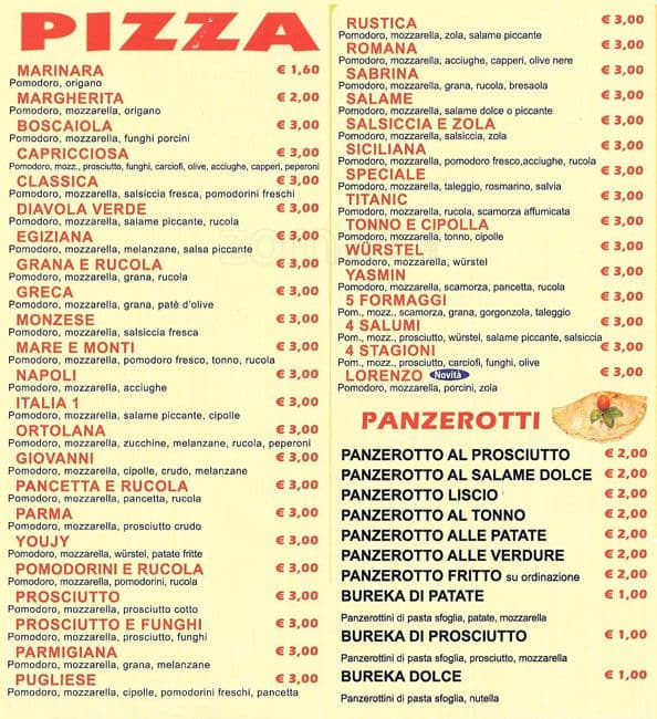 Pizzeria Italia Menu,Menú para Pizzeria Italia, Porta 