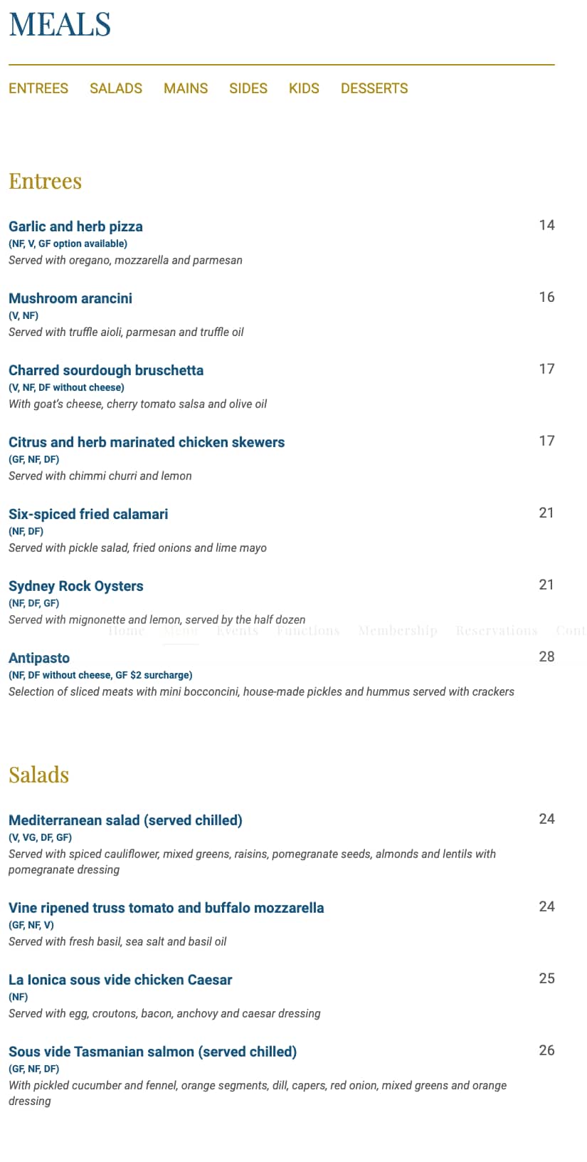 Menu at Haberfield Rowers Club and Restaurant, Haberfield