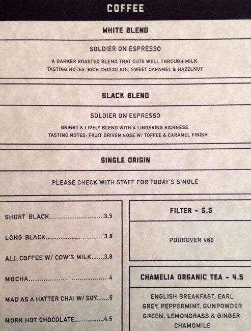 Soldier Menu Menu at Soldier On cafe, Prahran