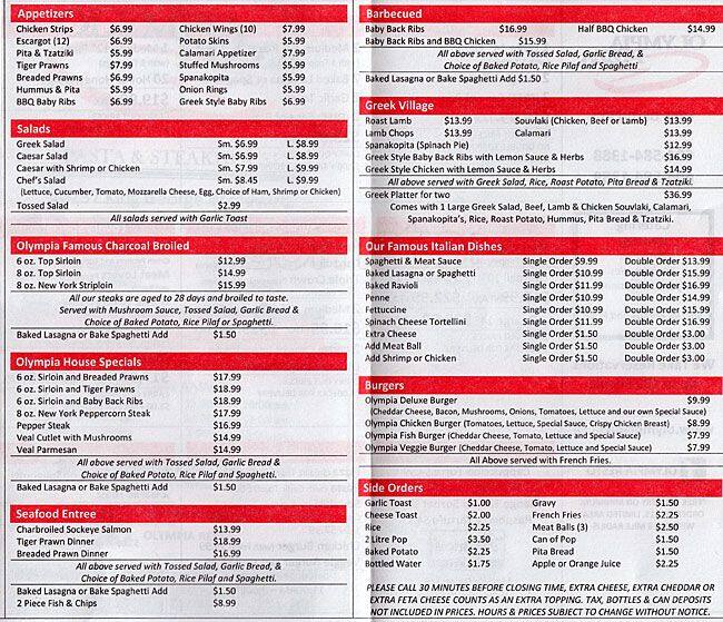 Menu at Olympia Pizza pizzeria, Surrey