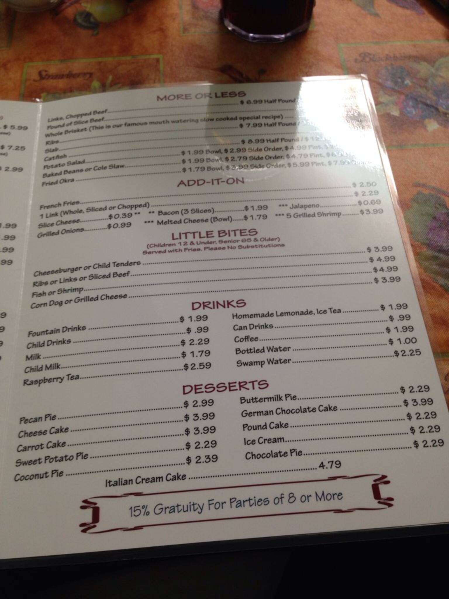 Menu at Florida's Kitchen BBQ, Livingston