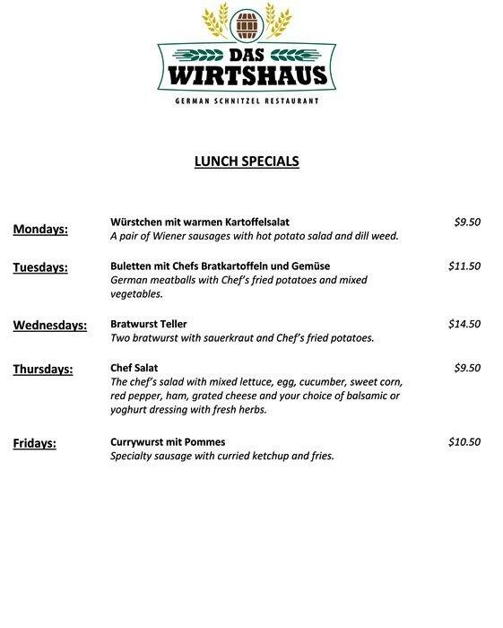 Menu at Das Wirtshaus restaurant, Calgary