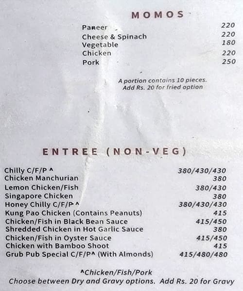 Grub Pub menu
