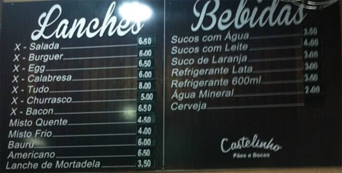Padaria Castelinho cardápio