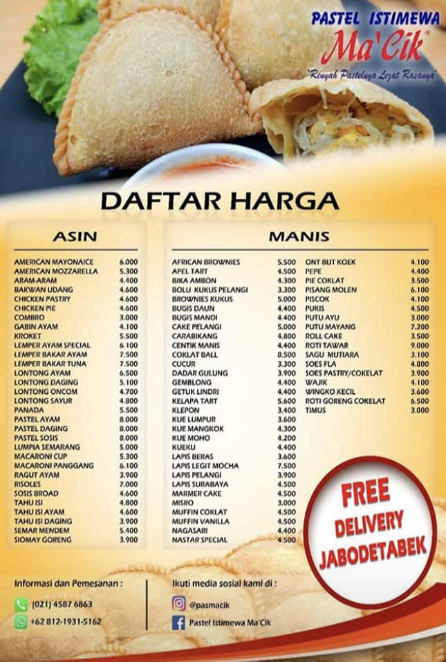 Pastel Ma' Cik Menu, Menu untuk Pastel Ma' Cik, Bintaro