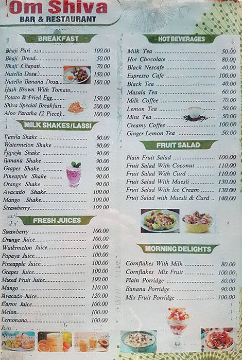 Menu at Sea Rock Bar & Restaurant, Anjuna