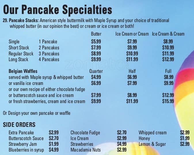 Menu at Pancakes in Paradise cafe, Surfers Paradise, Gold Coast Highway