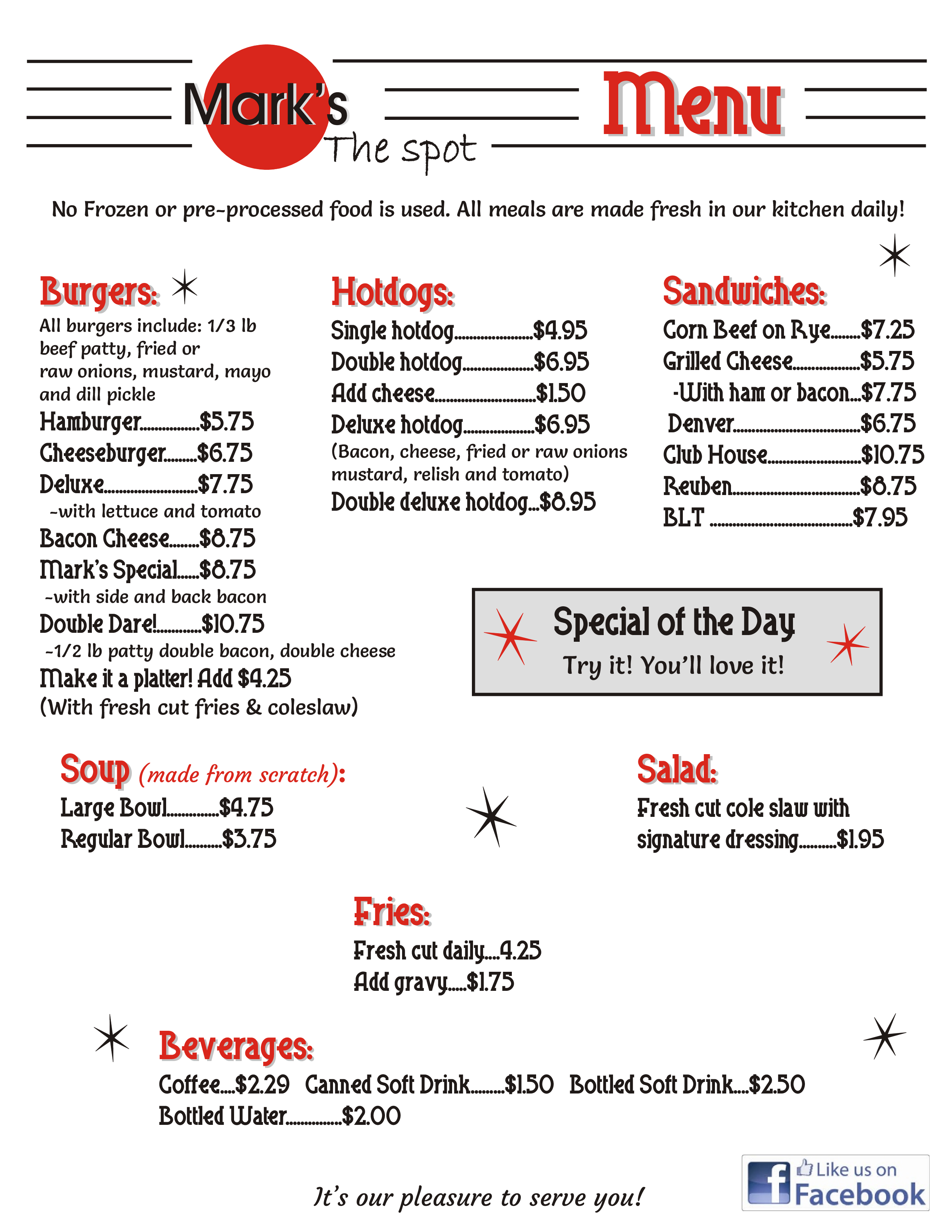 Mark's The Spot Menu, Menu for Mark's The Spot, St. Boniface, Winnipeg