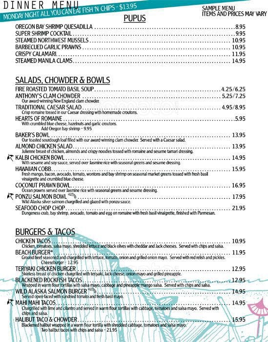 Menu at Anthony's HomePort restaurant, Edmonds, 456 Admiral Way