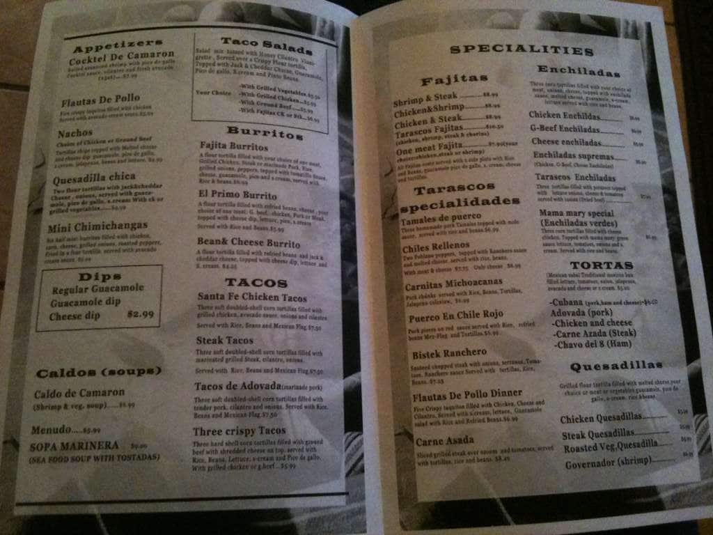 Menu at Tarascos restaurant, Dardanelle