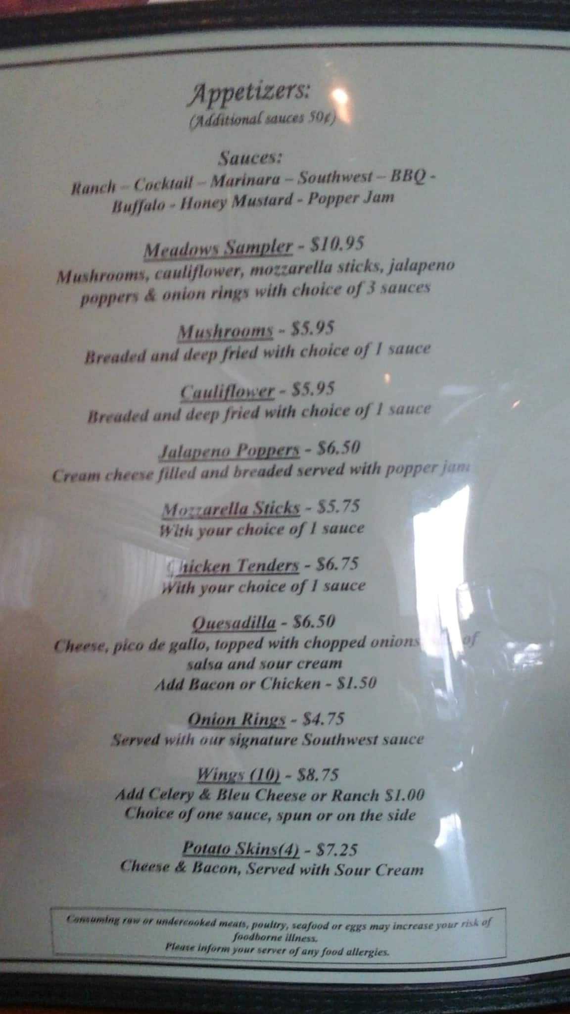 Menu at Meadows Restaurant, Springfield