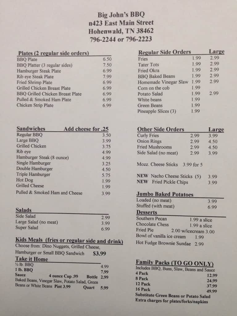 Menu at Big John's Bar-B-Q, Hohenwald