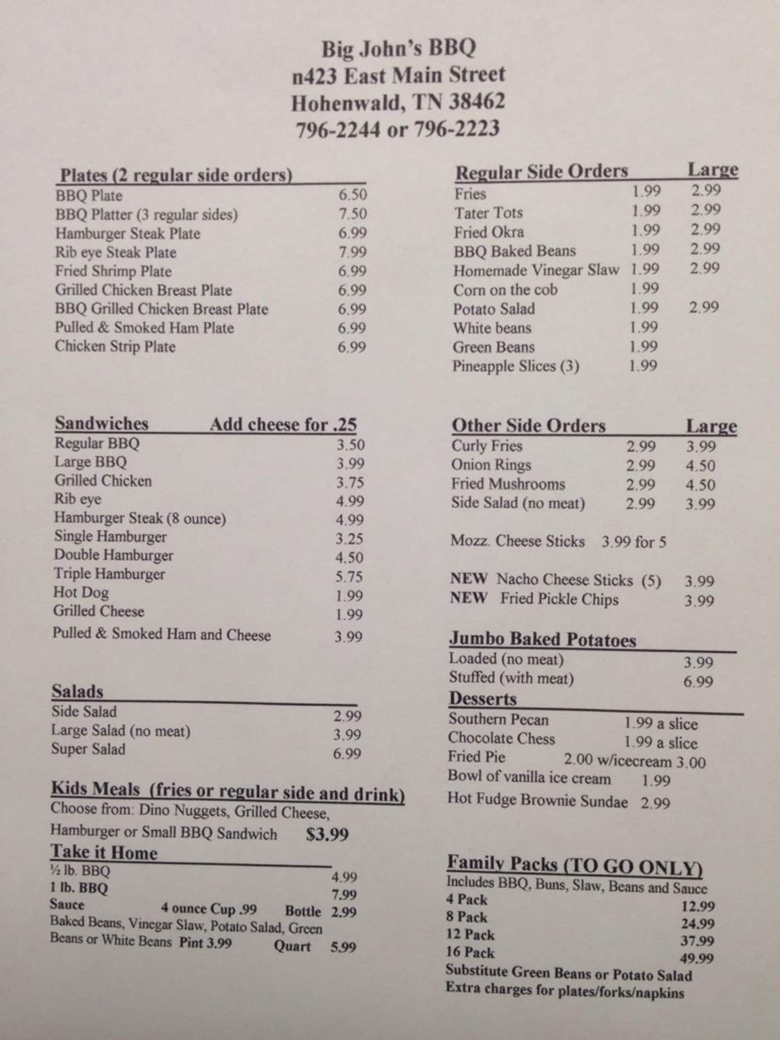 Menu at Big John's Bar-B-Q, Hohenwald