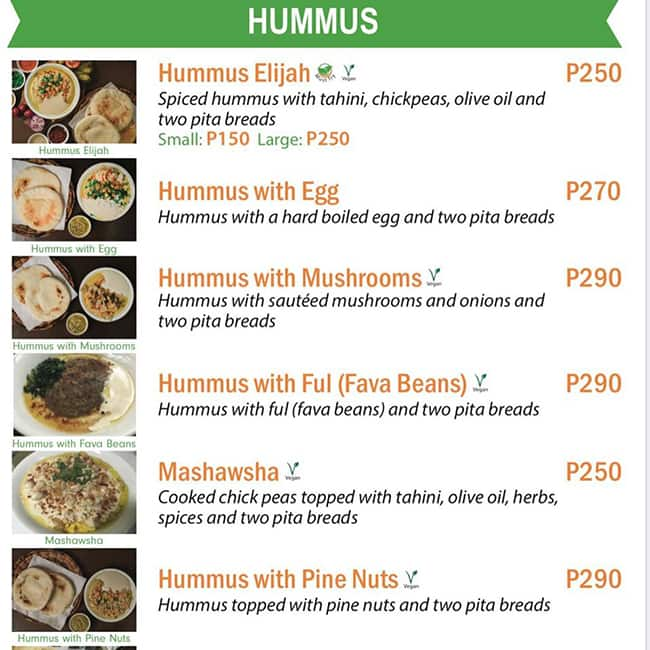 Menu at Hummus Elijah restaurant, Makati, Makati Avenue