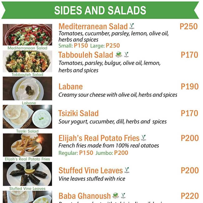 Menu at Hummus Elijah restaurant, Makati, Makati Avenue