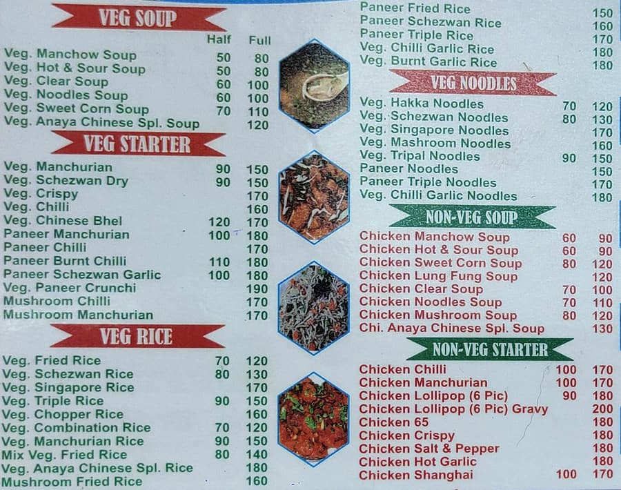 Menu of Anaya The Family Restaurant, Vasai, Mumbai