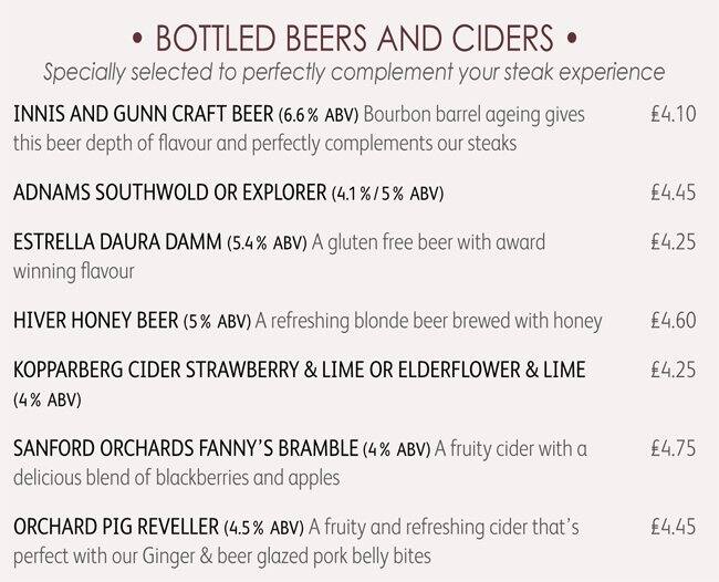 Miller & Carter menu, Menu restauracji Miller & Carter, Epping, East of