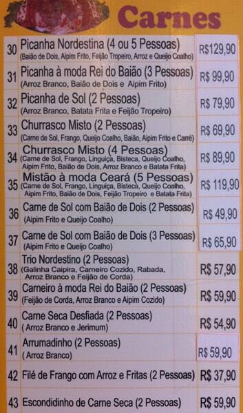 Rei do Baião cardápio