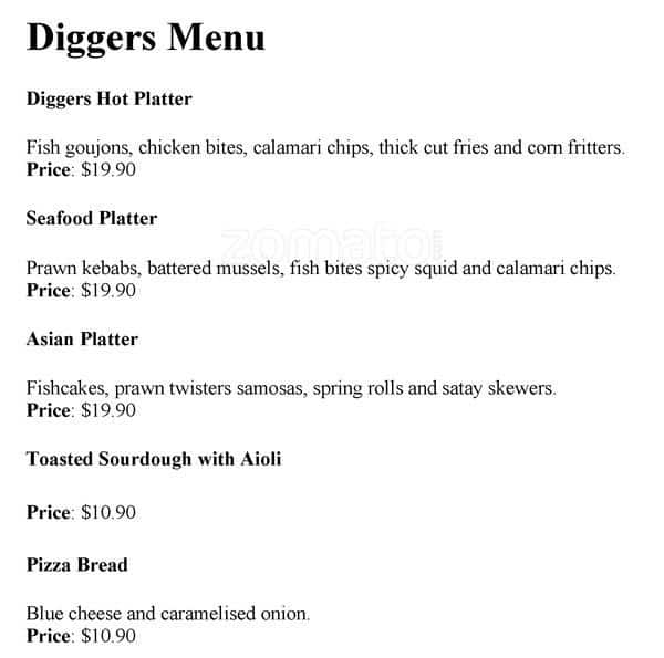 Menu at Diggers Bar, Hamilton
